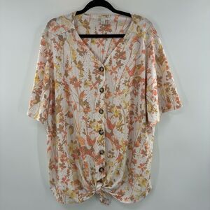 3For$20 Cato Botanical Print V-Neck Blouse in White Orange size 26/28W